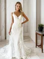 Trumpet/Mermaid Captivating V-Neck Sleeveless Sweep Train Tulle Wedding Dress With Applique