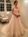 A-line Sweetheart Short Sleeves Court Train Trendy Lace Wedding Dress