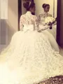 Ball-Gown High Neck Grand Long Sleeves Sweep Train Lace Wedding Dress