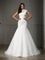 Trumpet/Mermaid High Neck Sleeveless Figure-hugging Sweep Train Organza Wedding Dress With Beading