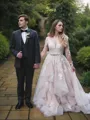 Charming A-line V-Neck Long Sleeves Sweep Train Organza Wedding Dress With Applique