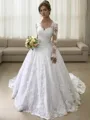 Ball-Gown Enchanting V-Neck Long Sleeves Court Train Satin Wedding Dress With Applique