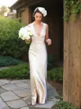 Sheath/Column V-Neck Sleeveless Flattering Floor-Length Silk like Satin Wedding Dress