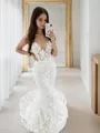 Trumpet/Mermaid Curvaceous V-Neck Sleeveless Sweep Train Tulle Wedding Dress With Applique