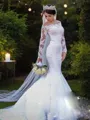 Trumpet/Mermaid Off-the-Shoulder Dramatic Long Sleeves Sweep Train Tulle Wedding Dress With Lace