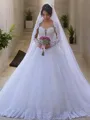 Ball-Gown Princess Sweetheart Long Sleeves Sweep Train Tulle Whimsical Wedding Dress With Lace
