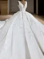 Ball-Gown V-Neck Sleeveless Chapel Train Glamorous Satin Wedding Dress With Applique