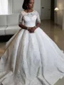 Ball-Gown Scoop 1/2 Sleeves Court Train Exquisite Satin Wedding Dress With Applique