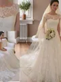 A-line Square Graceful Short Sleeves Court Train Lace Wedding Dress With Applique