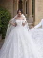 Ethereal Ball-Gown Princess Off-the-Shoulder Short Sleeves Court Train Tulle Wedding Dress