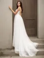 A-line Princess V-Neck Flowing Sleeveless Sweep Train Tulle Wedding Dress With Applique
