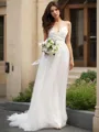 A-line Princess V-Neck Flowing Sleeveless Sweep Train Tulle Wedding Dress With Applique