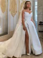A-line Sweetheart Sleeveless Court Train Subtle Satin Wedding Dress With Slit