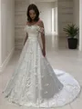 Balanced A-line Off-the-Shoulder Sleeveless Sweep Train Satin Wedding Dress With Applique