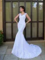 Trumpet/Mermaid V-Neck Sleeveless Chapel Train Flair Satin Wedding Dress With Applique