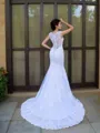 Trumpet/Mermaid V-Neck Sleeveless Chapel Train Flair Satin Wedding Dress With Applique