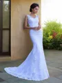 Trumpet/Mermaid V-Neck Sleeveless Chapel Train Flair Satin Wedding Dress With Applique