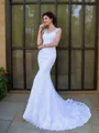 Trumpet/Mermaid V-Neck Sleeveless Chapel Train Flair Satin Wedding Dress With Applique