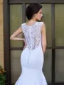 Trumpet/Mermaid V-Neck Sleeveless Chapel Train Flair Satin Wedding Dress With Applique