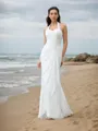 Sheath/Column Halter Sleeveless Court Train Chiffon Classic Wedding Dress With Pleats