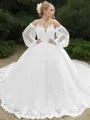 Glam Ball-Gown Princess Off-the-Shoulder Long Sleeves Court Train Tulle Wedding Dress With Applique