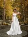 A-line Strapless Sleeveless Sweep Train Satin Elegant Wedding Dress With Ruffles