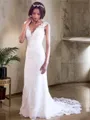 Sheath/Column Timeless V-Neck Sleeveless Court Train Tulle Wedding Dress