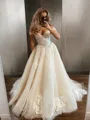 A-line Princess Dreamy Off-the-Shoulder Sleeveless Sweep Train Tulle Wedding Dress With Applique