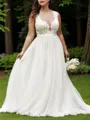 A-line Princess Scoop Sleeveless Court Train Trendy Tulle Wedding Dress With Lace