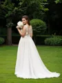 A-line Princess Scoop Sleeveless Court Train Trendy Tulle Wedding Dress With Lace