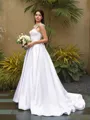 Fashion A-line Straps Sleeveless Sweep Train Satin Wedding Dress With Ruffles