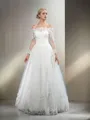 Ball-Gown Princess Off-the-Shoulder Fairy-tale Long Sleeves Floor-Length Tulle Wedding Dress With Lace