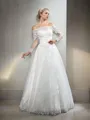 Ball-Gown Princess Off-the-Shoulder Fairy-tale Long Sleeves Floor-Length Tulle Wedding Dress With Lace