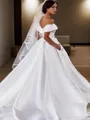 A-line Pretty Off-the-Shoulder Sleeveless Chapel Train Satin Wedding Dress