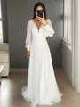 A-line V-Neck Charming Long Sleeves Sweep Train Chiffon Wedding Dress