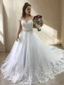 Ball-Gown Princess Sweetheart Sleeveless Court Train Tulle Enchanting Wedding Dress With Beading