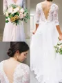 A-line V-Neck Exquisite 1/2 Sleeves Sweep Train Chiffon Wedding Dress With Applique