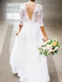 A-line V-Neck Exquisite 1/2 Sleeves Sweep Train Chiffon Wedding Dress With Applique