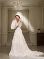 A-line Princess Off-the-Shoulder Long Sleeves Sweep Train Tulle Flattering Wedding Dress With Applique