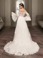 A-line Princess Off-the-Shoulder Long Sleeves Sweep Train Tulle Flattering Wedding Dress With Applique
