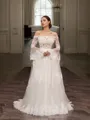 A-line Princess Off-the-Shoulder Long Sleeves Sweep Train Tulle Flattering Wedding Dress With Applique