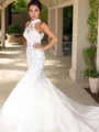 Trumpet/Mermaid Halter Fitted Sleeveless Court Train Tulle Wedding Dress