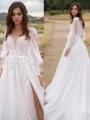 Classic A-line V-Neck Long Sleeves Sweep Train Lace Wedding Dress With Slit