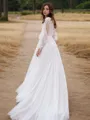 Classic A-line V-Neck Long Sleeves Sweep Train Lace Wedding Dress With Slit