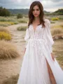 Classic A-line V-Neck Long Sleeves Sweep Train Lace Wedding Dress With Slit