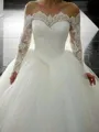 Ball-Gown Princess Off-the-Shoulder Long Sleeves Sweep Train Whimsical Tulle Wedding Dress With Applique