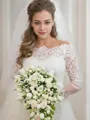Trumpet/Mermaid Dramatic Off-the-Shoulder Long Sleeves Sweep Train Tulle Wedding Dress With Applique