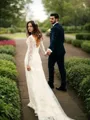 Sheath/Column V-Neck Contemporary Long Sleeves Court Train Lace Wedding Dress With Applique