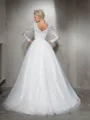 Ball-Gown Princess Bateau Long Sleeves Exquisite Sweep Train Tulle Wedding Dress With Lace