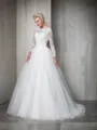 Ball-Gown Princess Bateau Long Sleeves Exquisite Sweep Train Tulle Wedding Dress With Lace